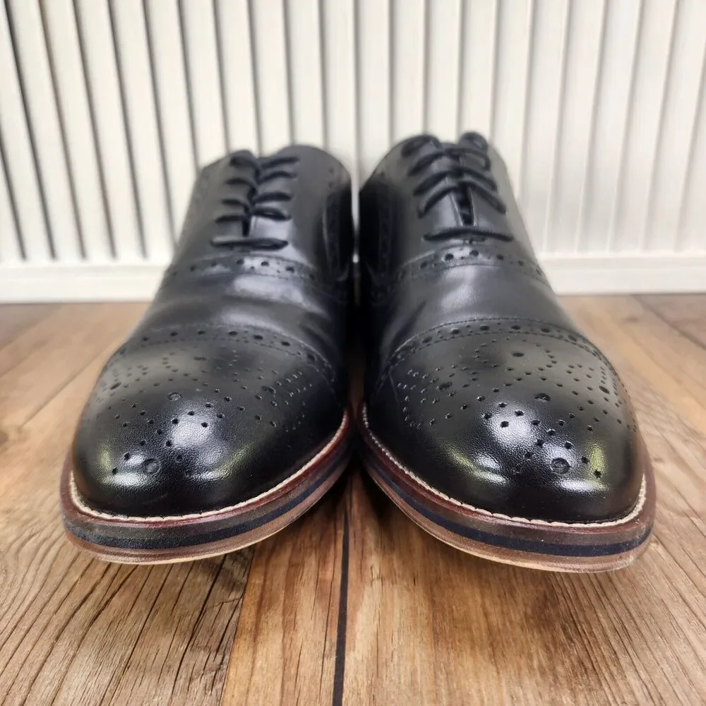 Johnston & Murphy Conard Men 11.5 Black Calfskin Captoe Brogue Oxford Dress Shoe